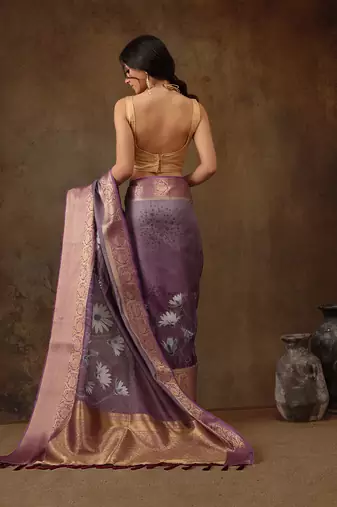 Lavender Munga Silk Floral Printed Zari Woven Saree