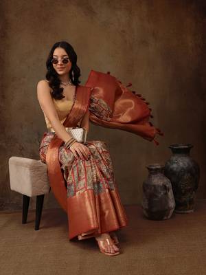 Multicolor Faux Kanjeevaram Pattu Zari Woven Border Digital Printed Saree 1