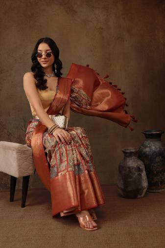 Multicolor Faux Kanjeevaram Pattu Zari Woven Border Digital Printed Saree