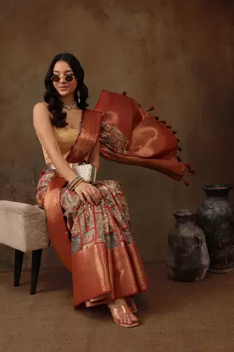 Multicolor Faux Kanjeevaram Pattu Zari Woven Border Digital Printed Saree