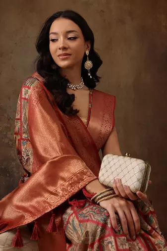 Multicolor Faux Kanjeevaram Pattu Zari Woven Border Digital Printed Saree