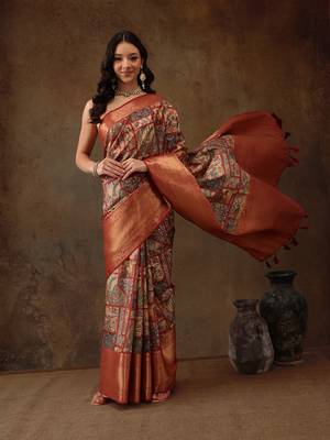 Multicolor Faux Kanjeevaram Pattu Zari Woven Border Digital Printed Saree 3
