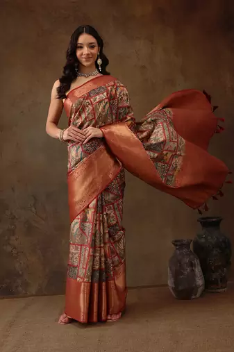 Multicolor Faux Kanjeevaram Pattu Zari Woven Border Digital Printed Saree