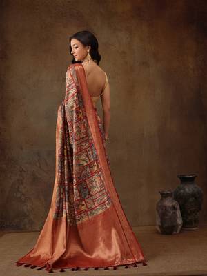 Multicolor Faux Kanjeevaram Pattu Zari Woven Border Digital Printed Saree 4