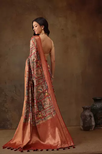 Multicolor Faux Kanjeevaram Pattu Zari Woven Border Digital Printed Saree