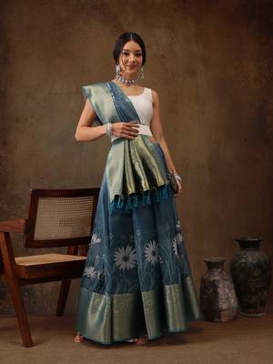 Teal Munga Silk Floral Printed Zari Woven Saree 1