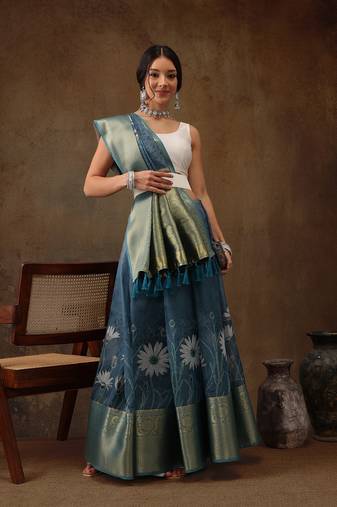 Teal Munga Silk Floral Printed Zari Woven Saree