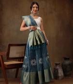 Teal Munga Silk Floral Printed Zari Woven Saree