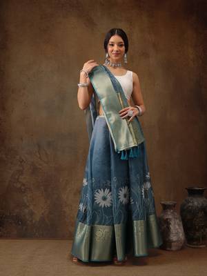 Teal Munga Silk Floral Printed Zari Woven Saree 3