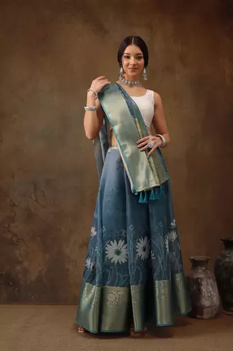 Teal Munga Silk Floral Printed Zari Woven Saree