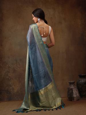 Teal Munga Silk Floral Printed Zari Woven Saree 4