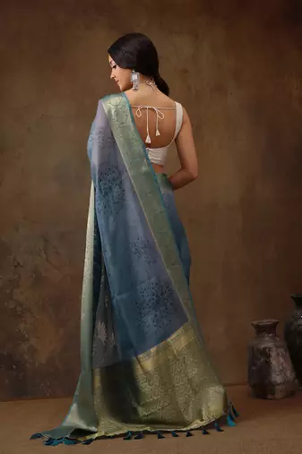 Teal Munga Silk Floral Printed Zari Woven Saree
