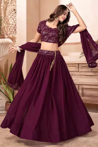  purple sequins georgette lehenga set choli with dupatta