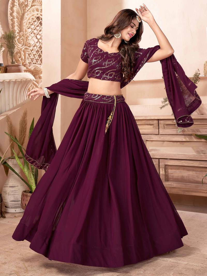 Fabulous Purple Sequins Georgette Reception Wear Lehenga Choli