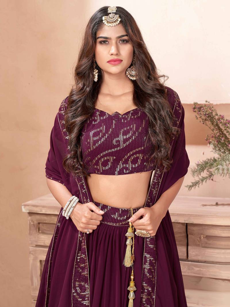 Fabulous Purple Sequins Georgette Reception Wear Lehenga Choli