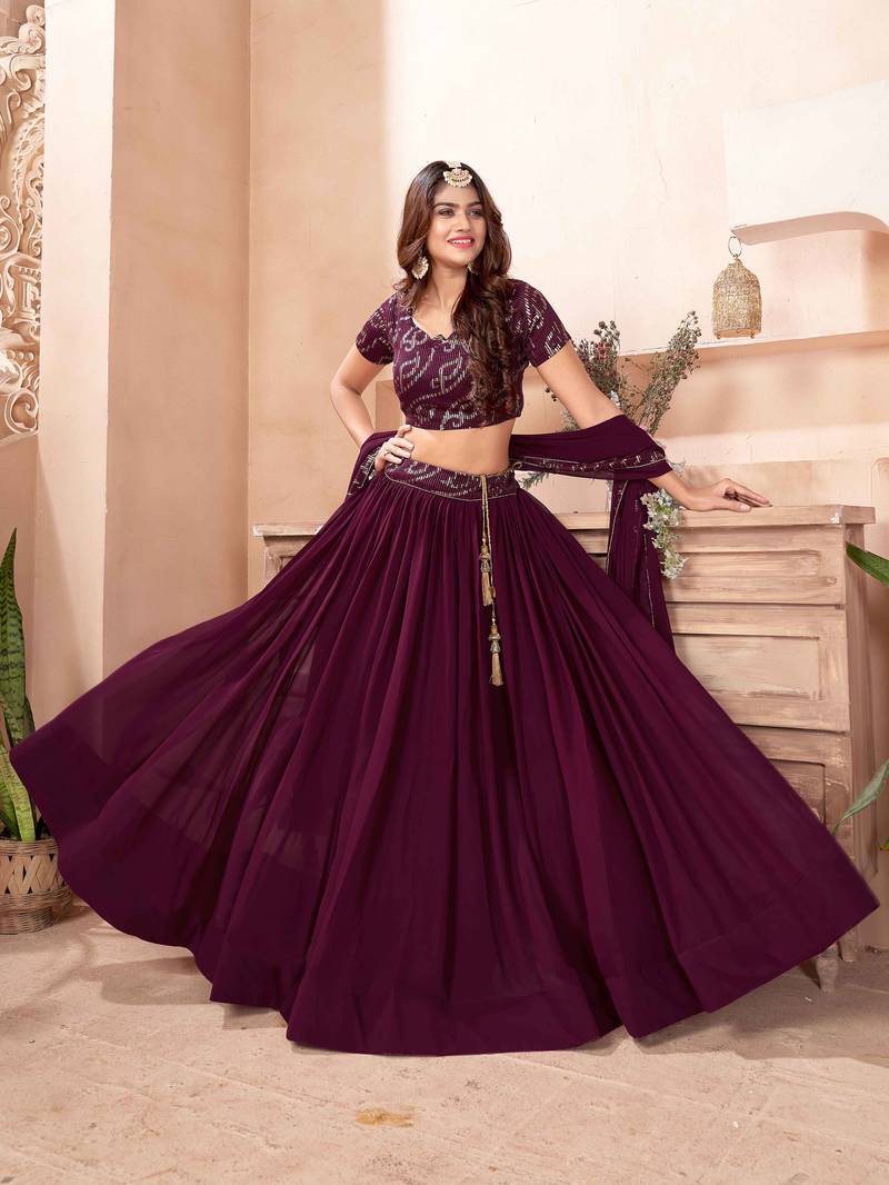 Fabulous Purple Sequins Georgette Reception Wear Lehenga Choli