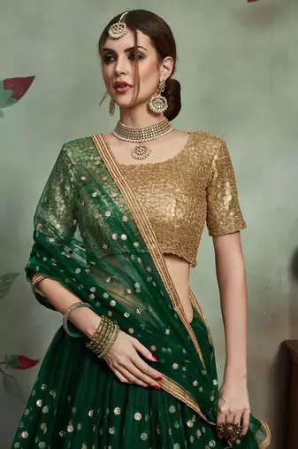 Astonishing Green Embroidered Net Lehenga Choli With Dupatta