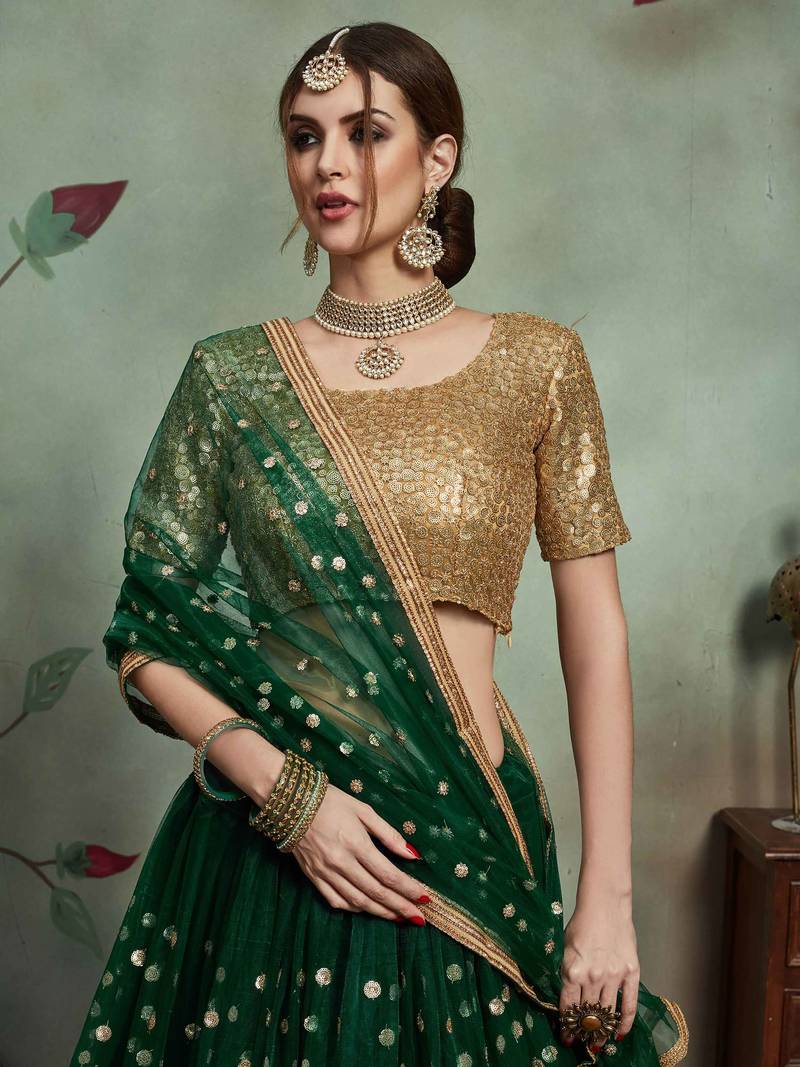 Astonishing Green Embroidered Net Lehenga Choli With Dupatta