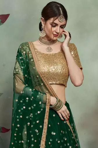 Astonishing Green Embroidered Net Lehenga Choli With Dupatta