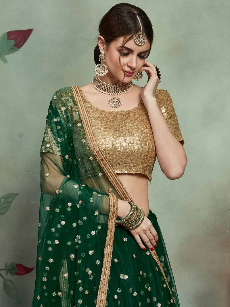 Astonishing Green Embroidered Net Lehenga Choli With Dupatta