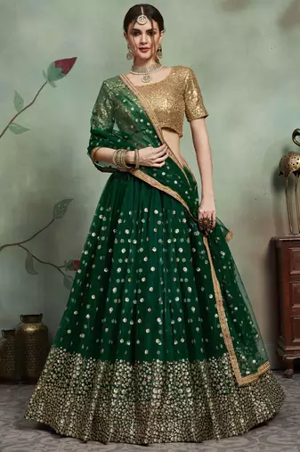 Astonishing Green Embroidered Net Lehenga Choli With Dupatta