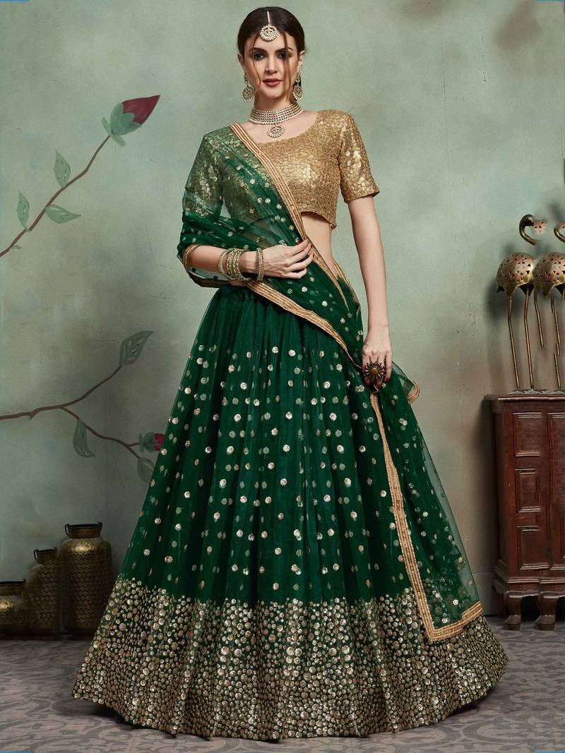 Astonishing Green Embroidered Net Lehenga Choli With Dupatta