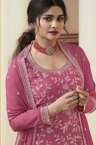 Pink chinon embroidery designer sharara suit