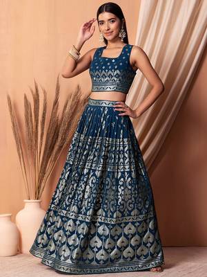 blue sequins georgette lehenga set choli with dupatta 2