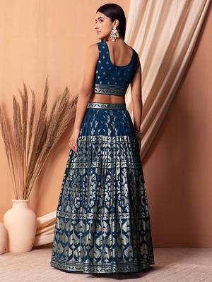 blue sequins georgette lehenga set choli with dupatta 3