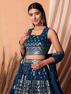 blue sequins georgette lehenga set choli with dupatta 4