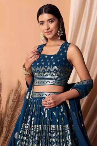 blue sequins georgette lehenga set choli with dupatta