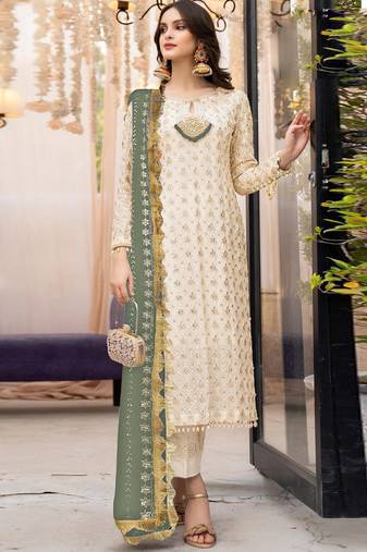 Off white heavy faux georgette embroidery designer salwar suit