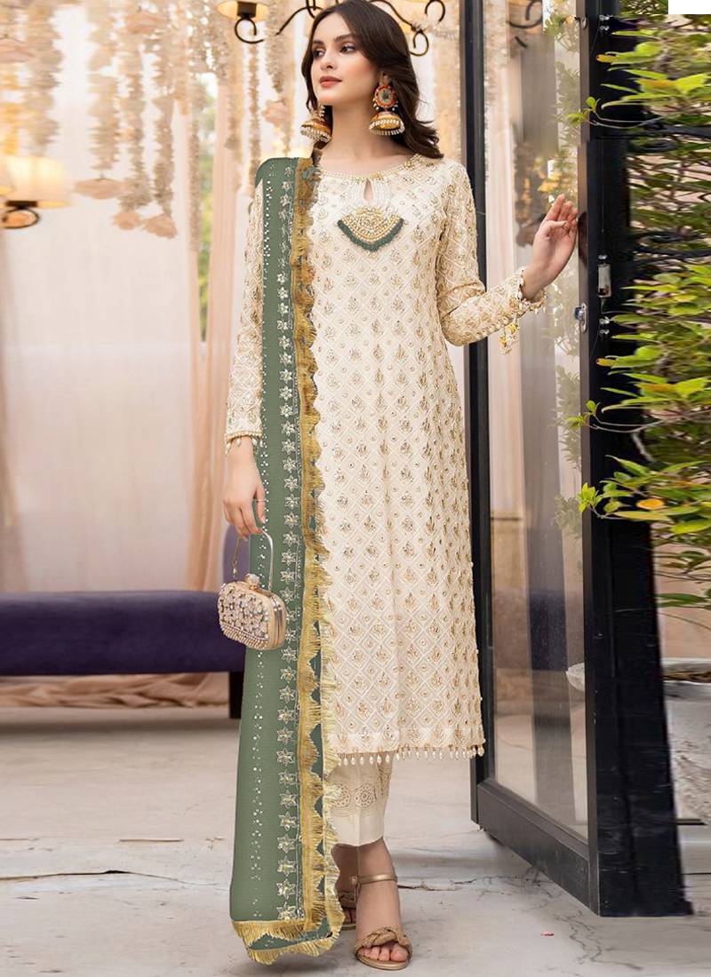 Off white heavy faux georgette embroidery designer salwar suit