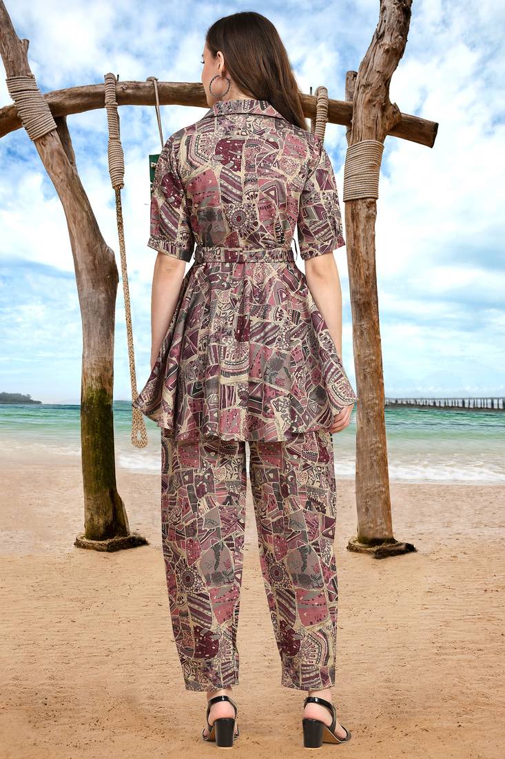 Trendmalls Women's Purple Cotton Geometric Print Co Ords Set Kurta Pant