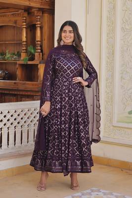 Wine  Faux Georgette Long Kurti With Dupatta 1