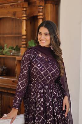 Wine  Faux Georgette Long Kurti With Dupatta 4