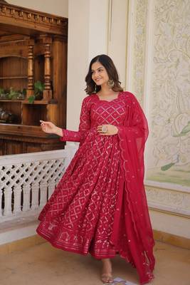 Rani Pink Faux Georgette Long Kurti With Dupatta 4