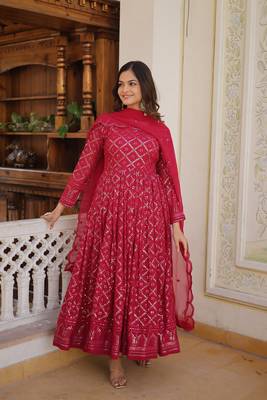 Rani Pink Faux Georgette Long Kurti With Dupatta 7