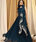 Trendmalls Kurta Set -  Georgette Anarkali Kurta Pant with Embroidery Dupatta Teal Blue