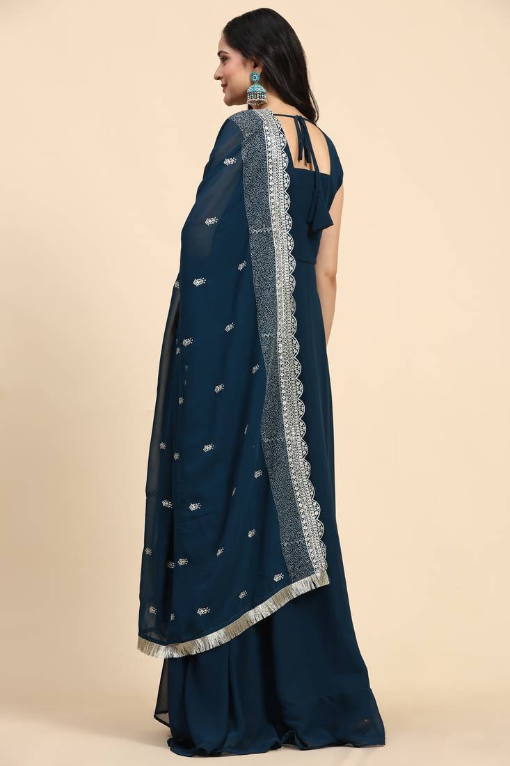 Trendmalls Kurta Set -  Georgette Anarkali Kurta Pant with Embroidery Dupatta Teal Blue