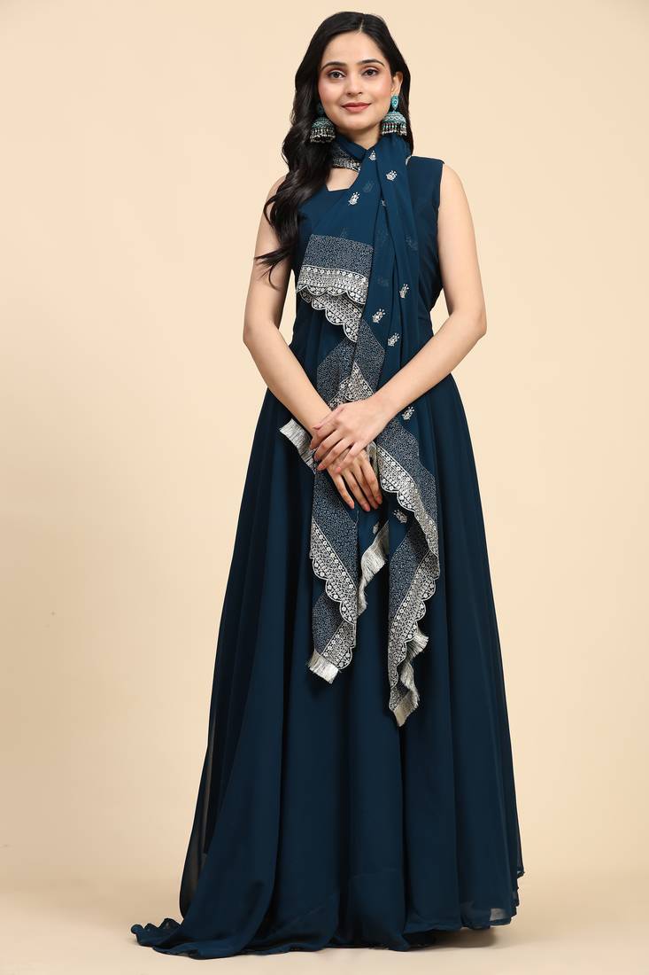 Trendmalls Kurta Set -  Georgette Anarkali Kurta Pant with Embroidery Dupatta Teal Blue