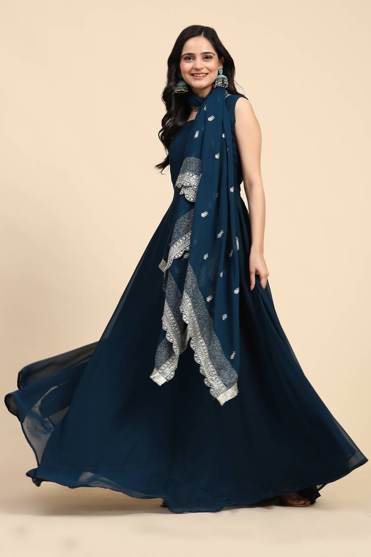 Trendmalls Kurta Set -  Georgette Anarkali Kurta Pant with Embroidery Dupatta Teal Blue