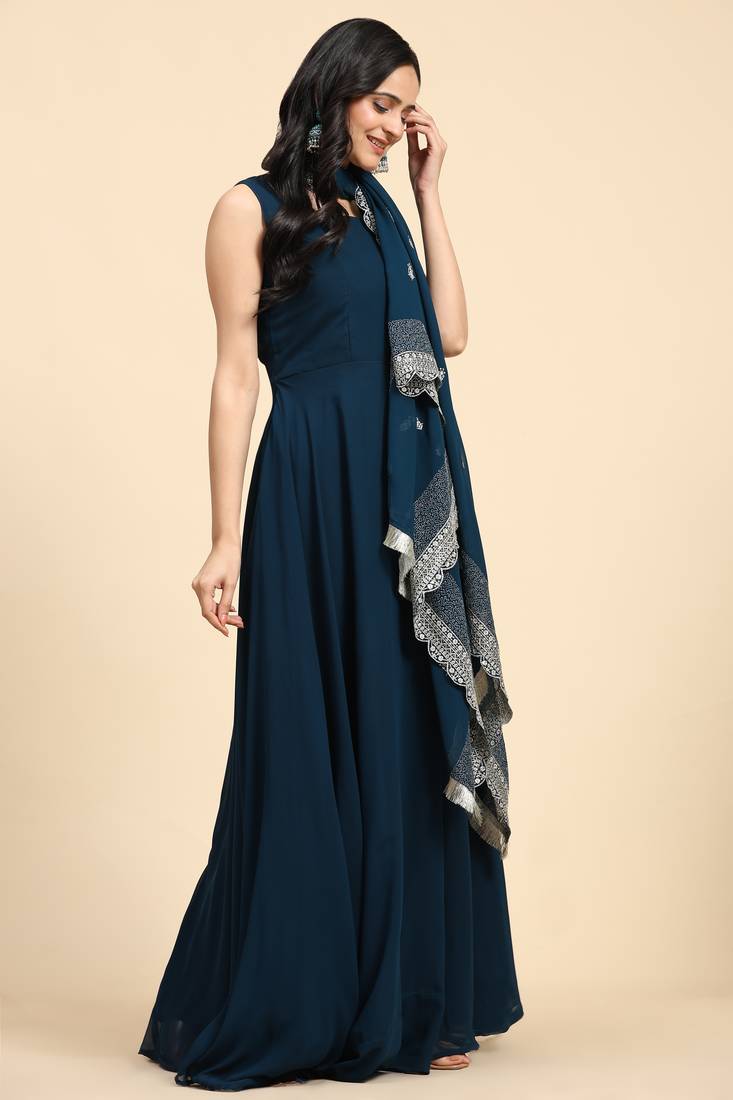 Trendmalls Kurta Set -  Georgette Anarkali Kurta Pant with Embroidery Dupatta Teal Blue