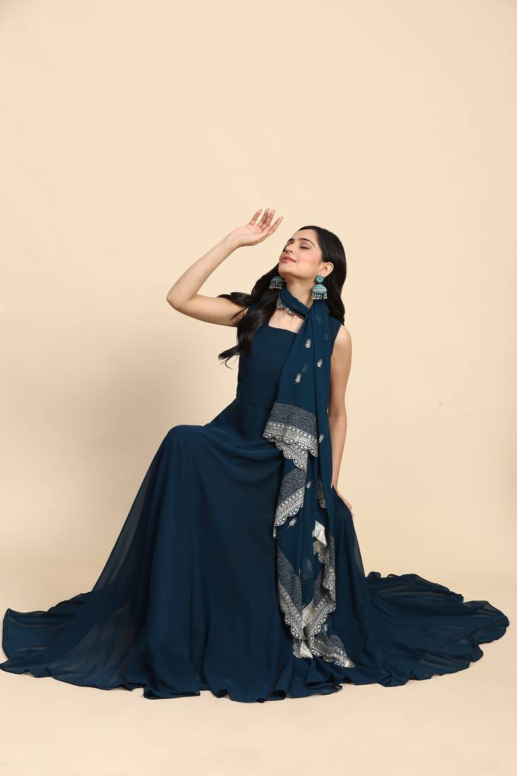 Trendmalls Kurta Set -  Georgette Anarkali Kurta Pant with Embroidery Dupatta Teal Blue