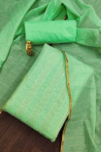 Pista green color sequence work chanderi cotton unstitched chudidar dress material - sanx9013d