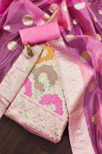 Multi (pink) color weaving work organza silk unstitched chudidar dress material - djnt9016a
