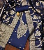 Navy blue color weaving work spun cotton unstitched chudidar dress material 