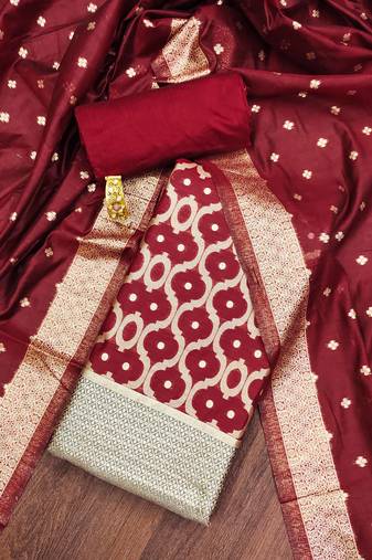 Maroon color weaving work spun cotton unstitched chudidar dress material - lcdm9019b