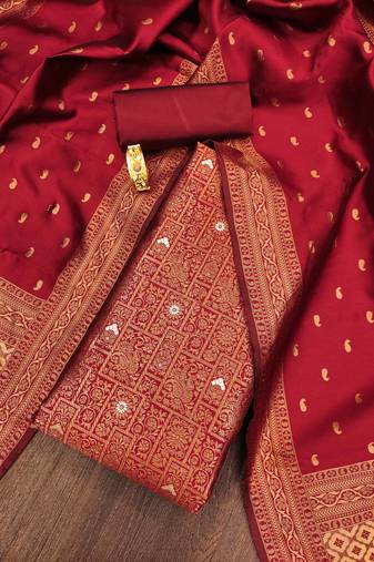 Red color weaving work jacquard silk unstitched chudidar dress material - mnbx9020a