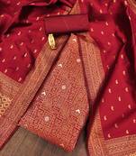 Red color weaving work jacquard silk unstitched chudidar dress material 
